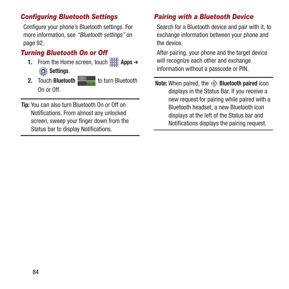 See “turning bluetooth on or off, H, see “pairing with a | Samsung SPH-M840MBAVMU User Manual | Page 88 / 168