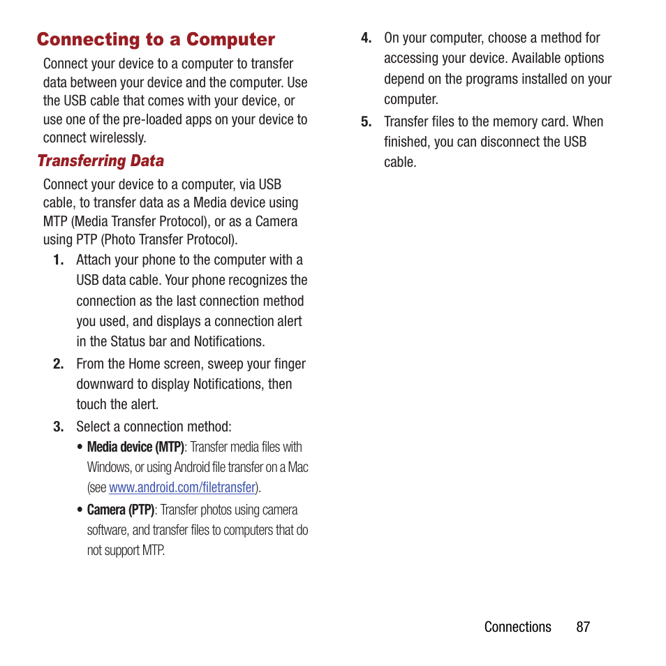Connecting to a computer | Samsung SPH-M840MBAVMU User Manual | Page 91 / 168