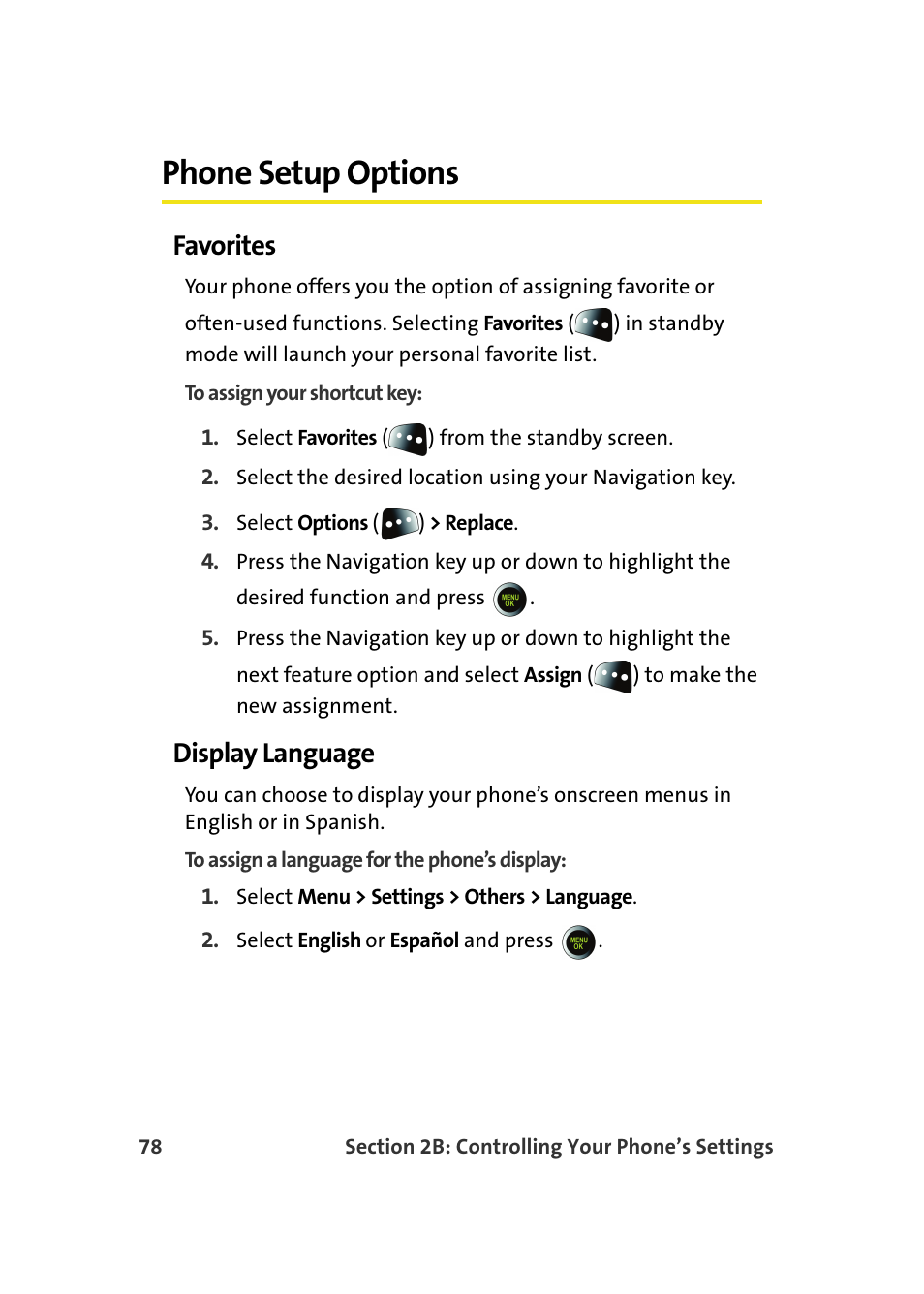 Phone setup options, Favorites, Display language | Samsung SPH-M610DAASPR User Manual | Page 104 / 272
