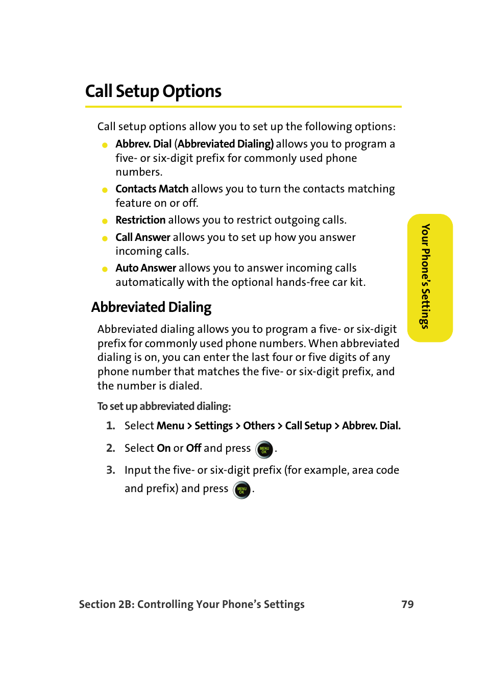 Call setup options, Abbreviated dialing | Samsung SPH-M610DAASPR User Manual | Page 105 / 272