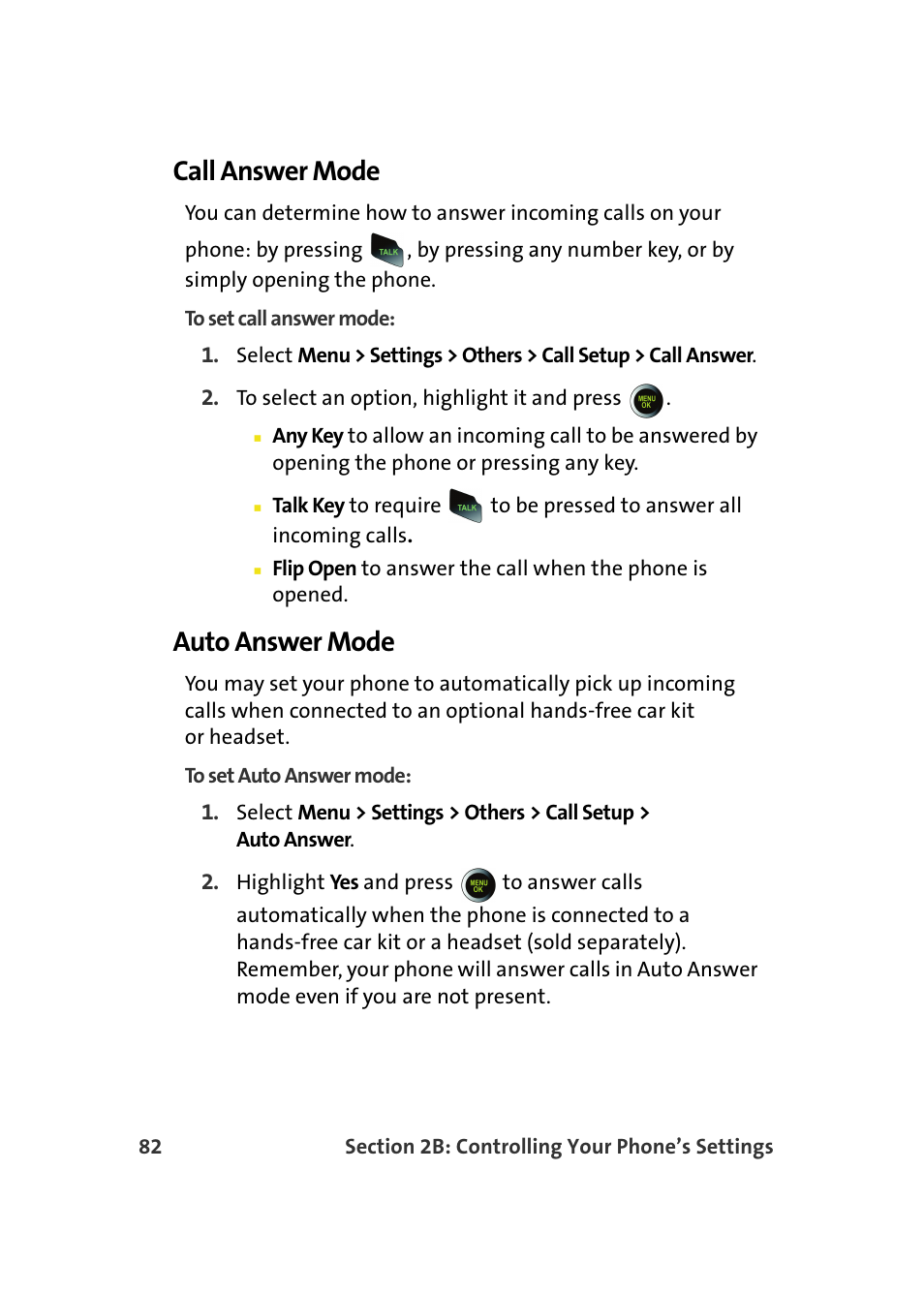 Call answer mode, Auto answer mode | Samsung SPH-M610DAASPR User Manual | Page 108 / 272