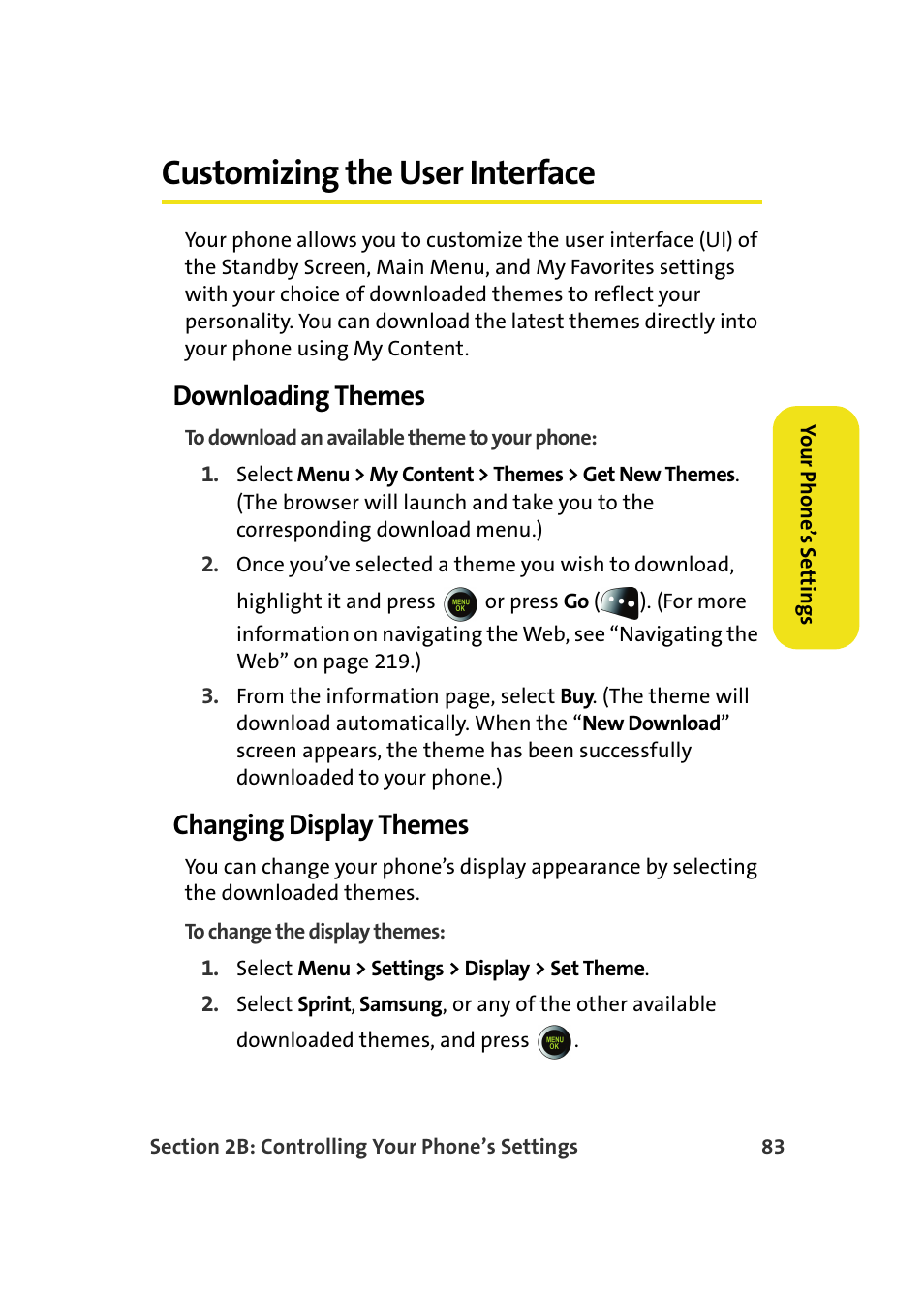 Customizing the user interface, Downloading themes, Changing display themes | Samsung SPH-M610DAASPR User Manual | Page 109 / 272