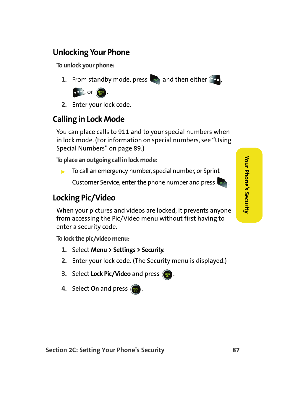 Unlocking your phone, Calling in lock mode, Locking pic/video | Samsung SPH-M610DAASPR User Manual | Page 113 / 272
