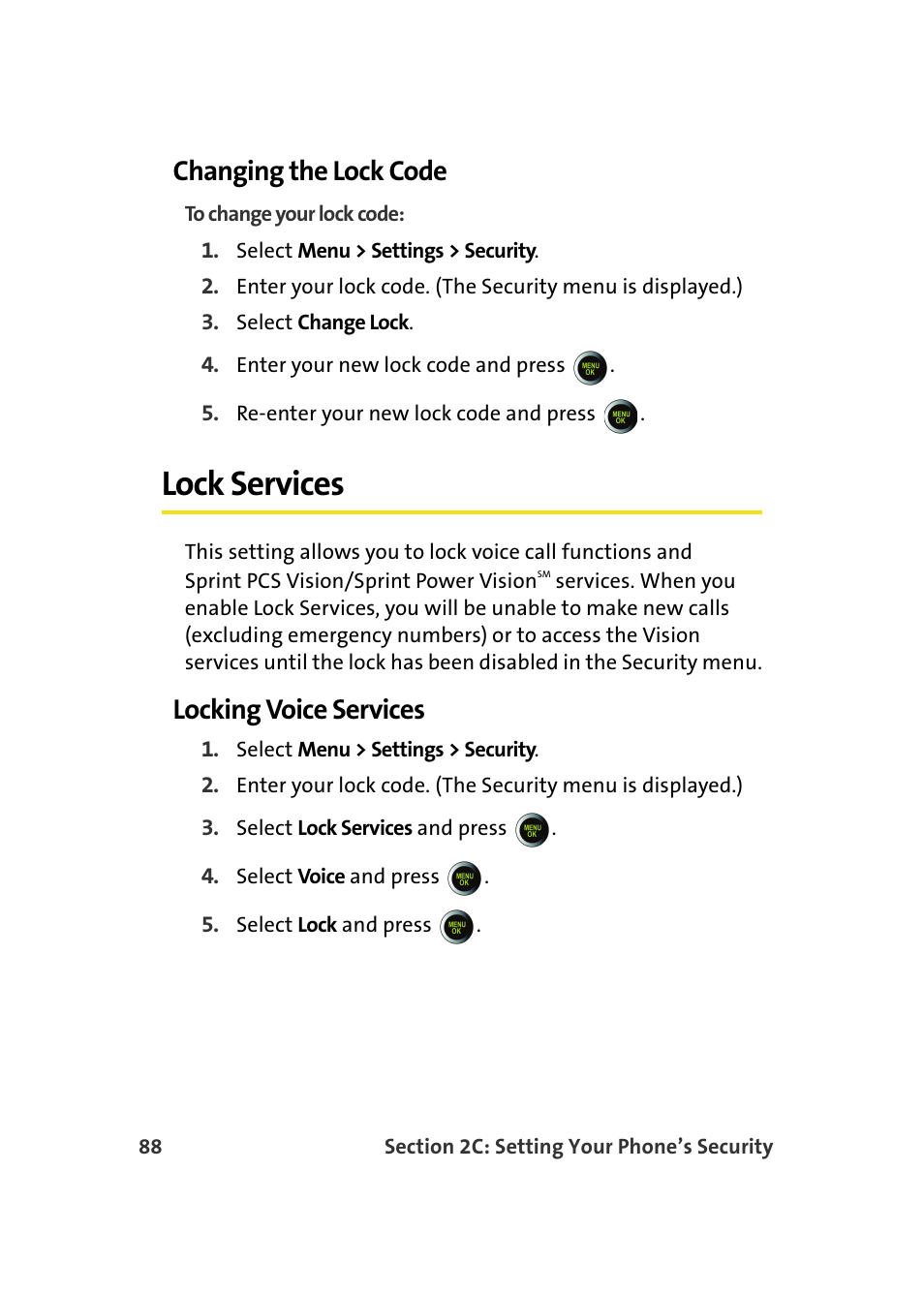 Changing the lock code, Lock services, Locking voice services | Samsung SPH-M610DAASPR User Manual | Page 114 / 272