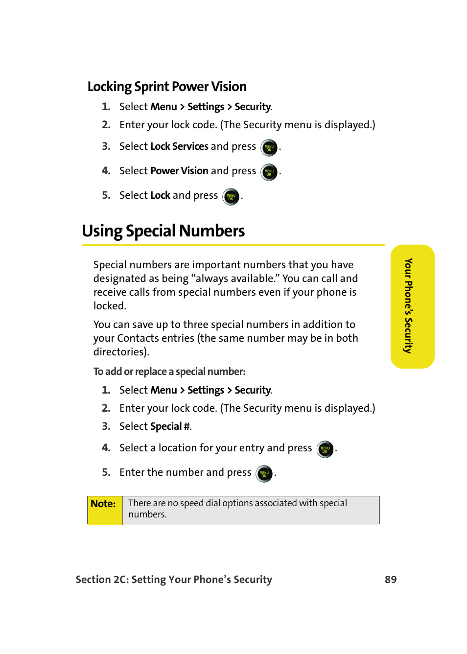 Locking sprint power vision, Using special numbers | Samsung SPH-M610DAASPR User Manual | Page 115 / 272