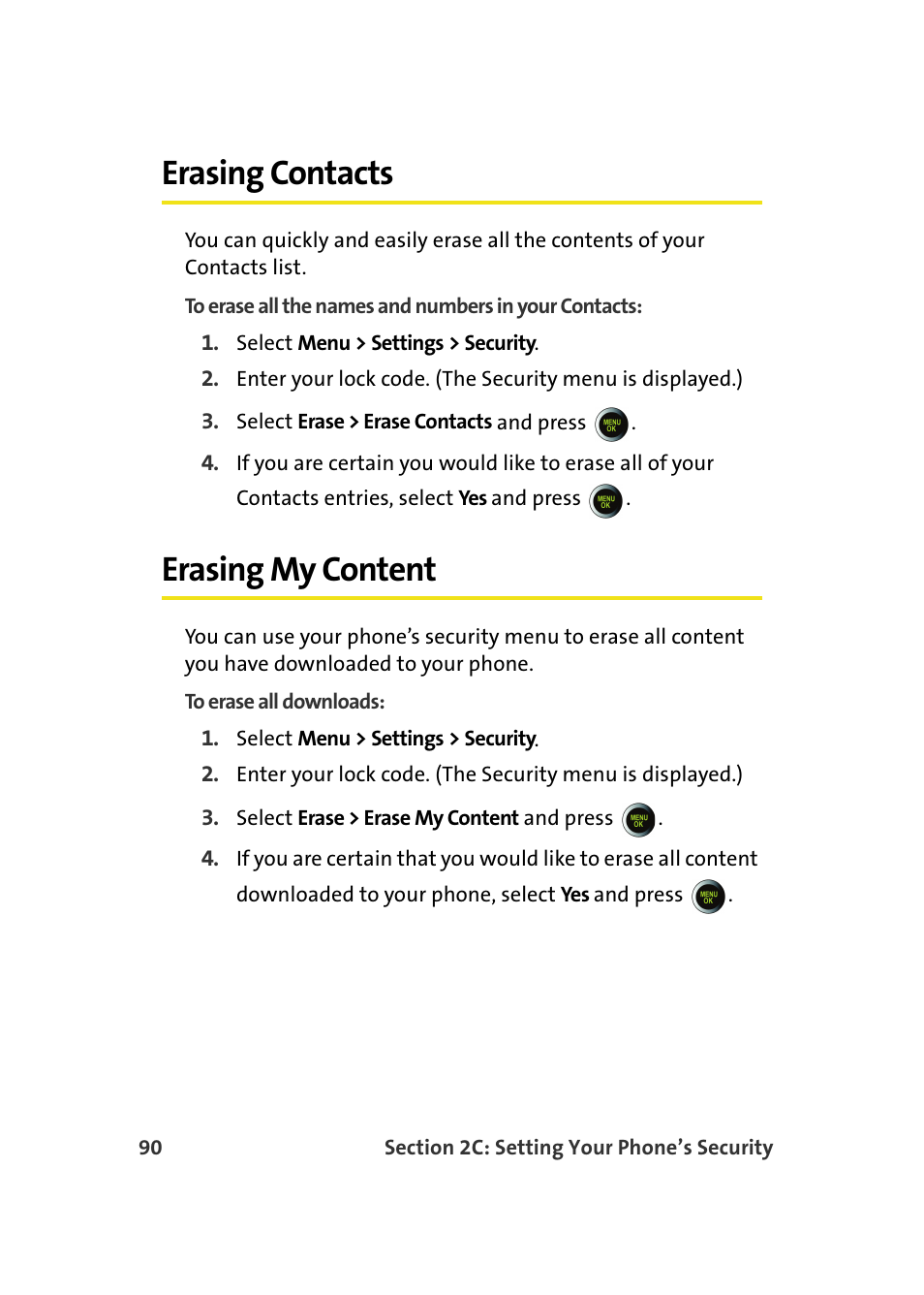 Erasing contacts, Erasing my content | Samsung SPH-M610DAASPR User Manual | Page 116 / 272