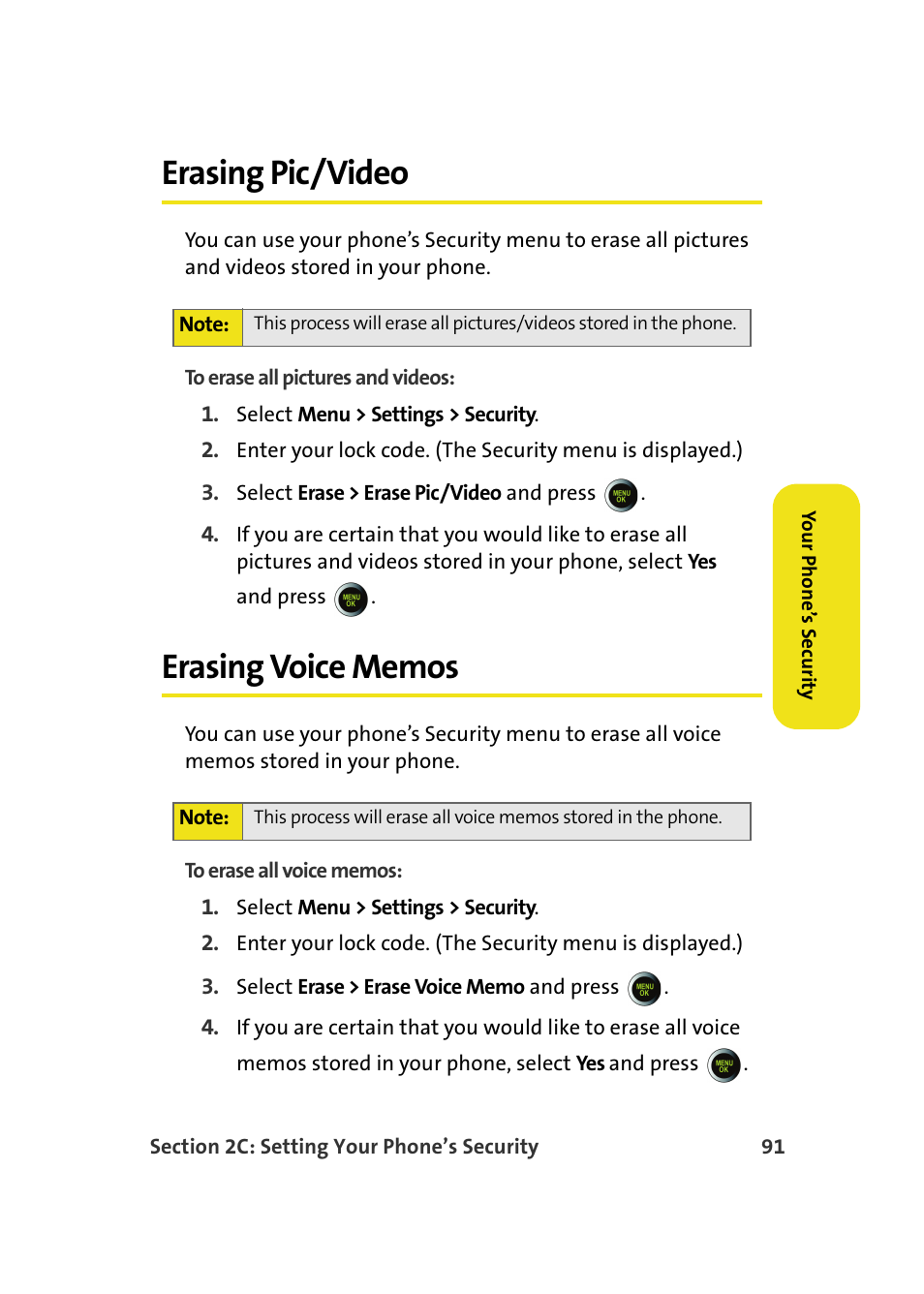 Erasing pic/video, Erasing voice memos | Samsung SPH-M610DAASPR User Manual | Page 117 / 272