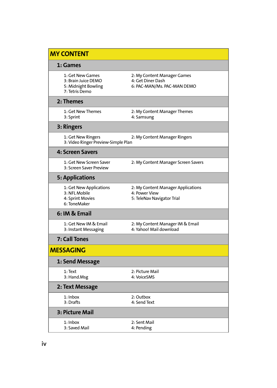 My content, Messaging, Games | Themes, Ringers, Screen savers, Applications, Im & email, Call tones, Send message | Samsung SPH-M610DAASPR User Manual | Page 12 / 272
