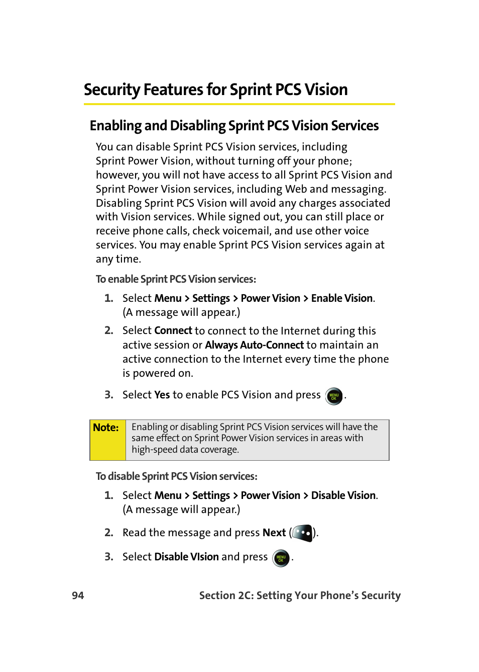 Security features for sprint pcs vision, Enabling and disabling sprint pcs vision services | Samsung SPH-M610DAASPR User Manual | Page 120 / 272