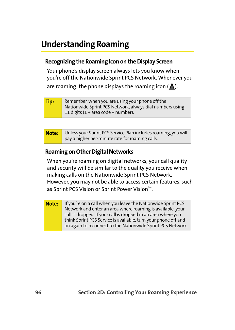 Understanding roaming, Recognizing the roaming icon on the display screen, Roaming on other digital networks | Samsung SPH-M610DAASPR User Manual | Page 122 / 272