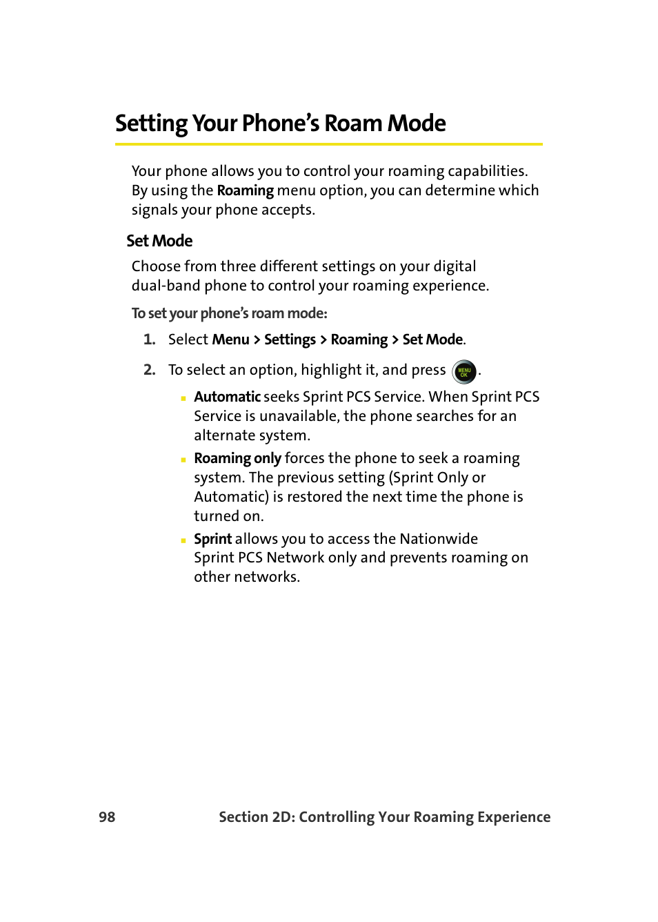 Setting your phone’s roam mode, Set mode | Samsung SPH-M610DAASPR User Manual | Page 124 / 272