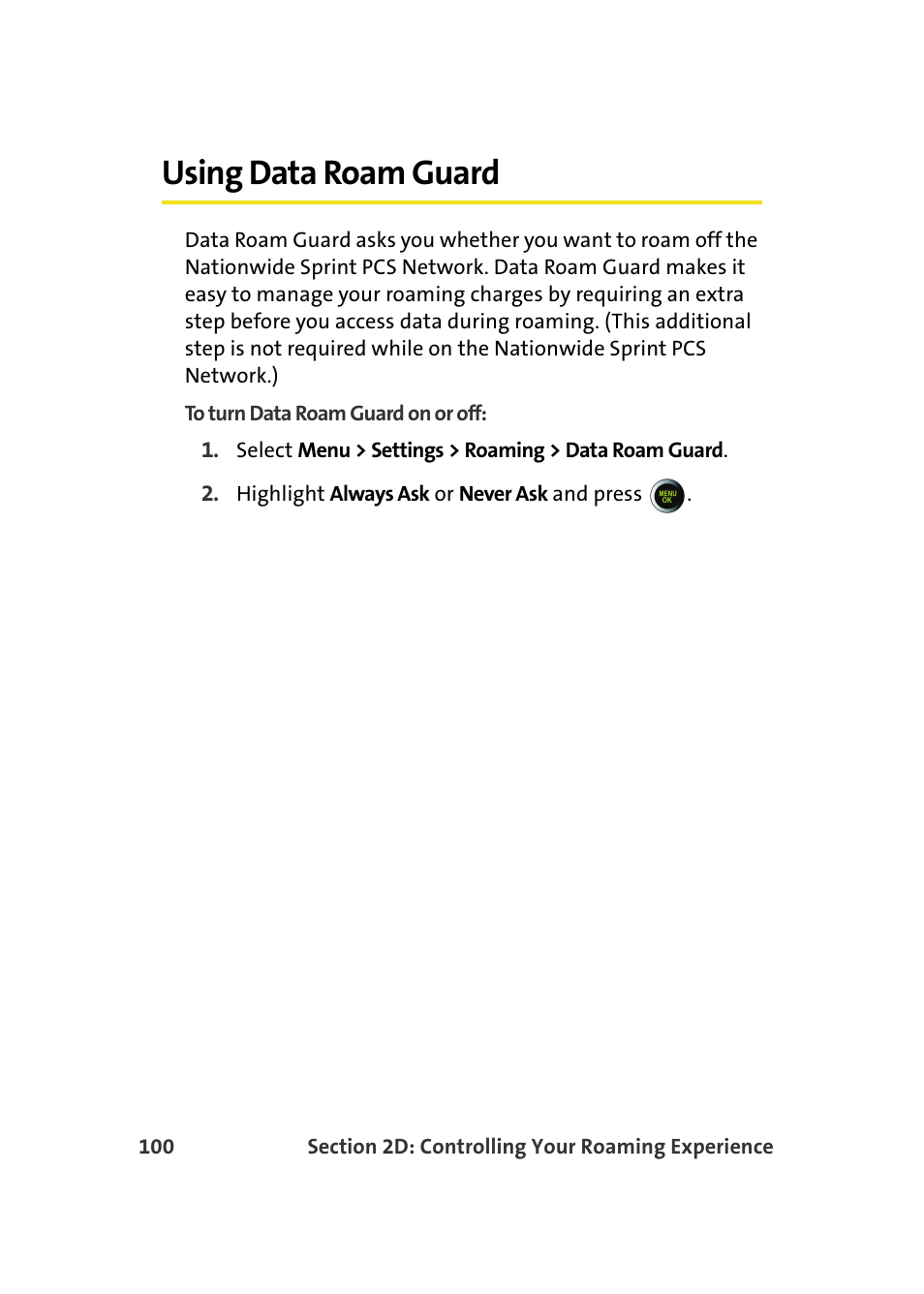 Using data roam guard | Samsung SPH-M610DAASPR User Manual | Page 126 / 272