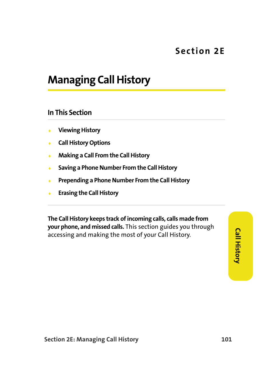 Managing call history, 2e. managing call history, Ca ll histor y | Samsung SPH-M610DAASPR User Manual | Page 127 / 272