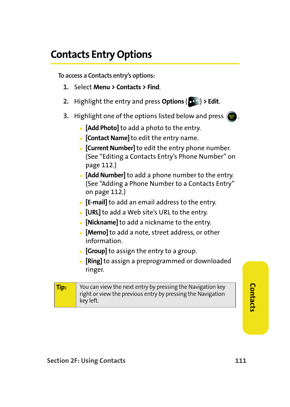 Contacts entry options, Co n ta ct s | Samsung SPH-M610DAASPR User Manual | Page 137 / 272