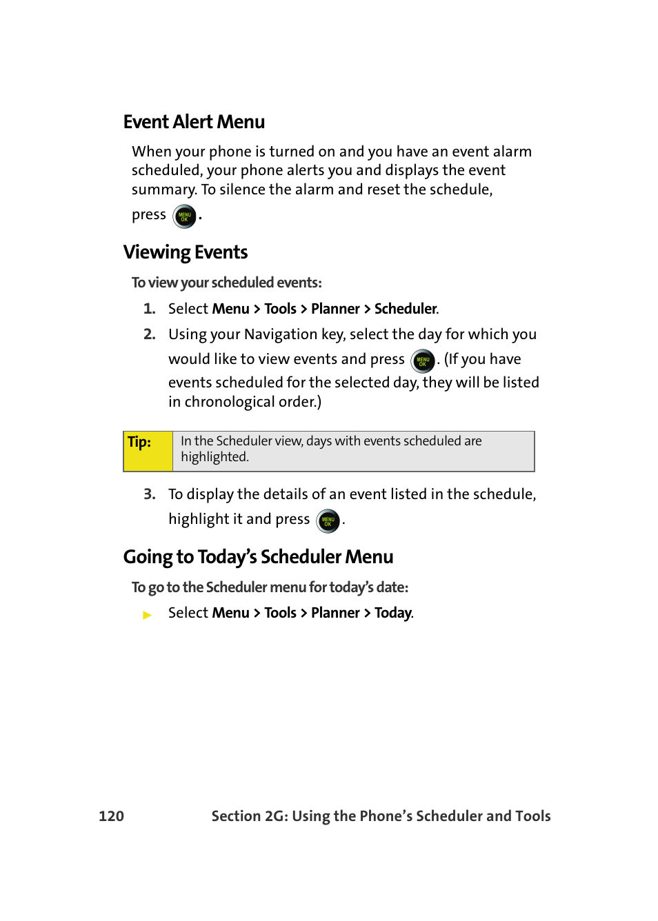 Event alert menu, Viewing events, Going to today’s scheduler menu | Samsung SPH-M610DAASPR User Manual | Page 146 / 272