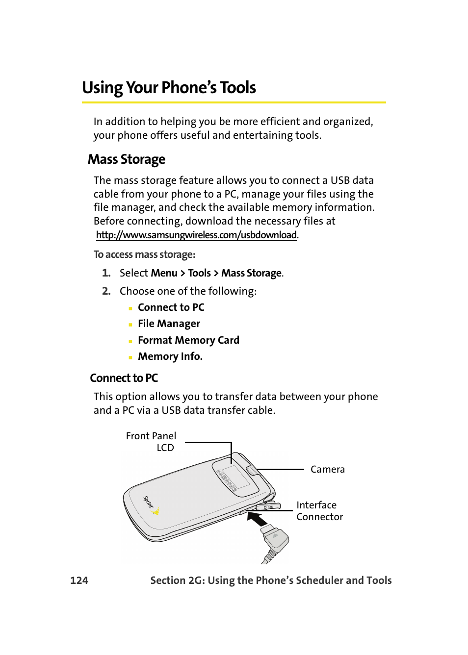 Using your phone’s tools, Mass storage, Connect to pc | Samsung SPH-M610DAASPR User Manual | Page 150 / 272