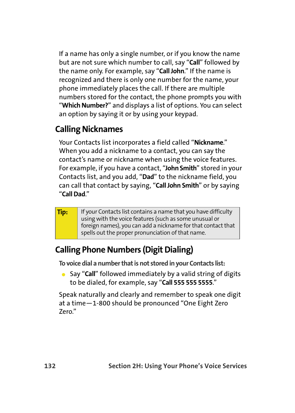 Calling nicknames, Calling phone numbers (digit dialing) | Samsung SPH-M610DAASPR User Manual | Page 158 / 272