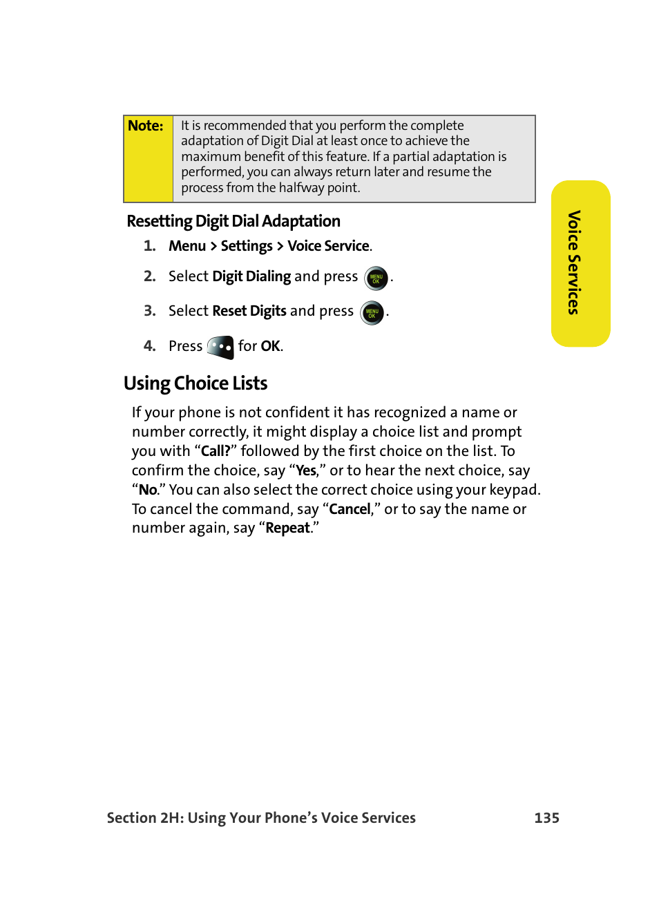 Resetting digit dial adaptation, Using choice lists | Samsung SPH-M610DAASPR User Manual | Page 161 / 272