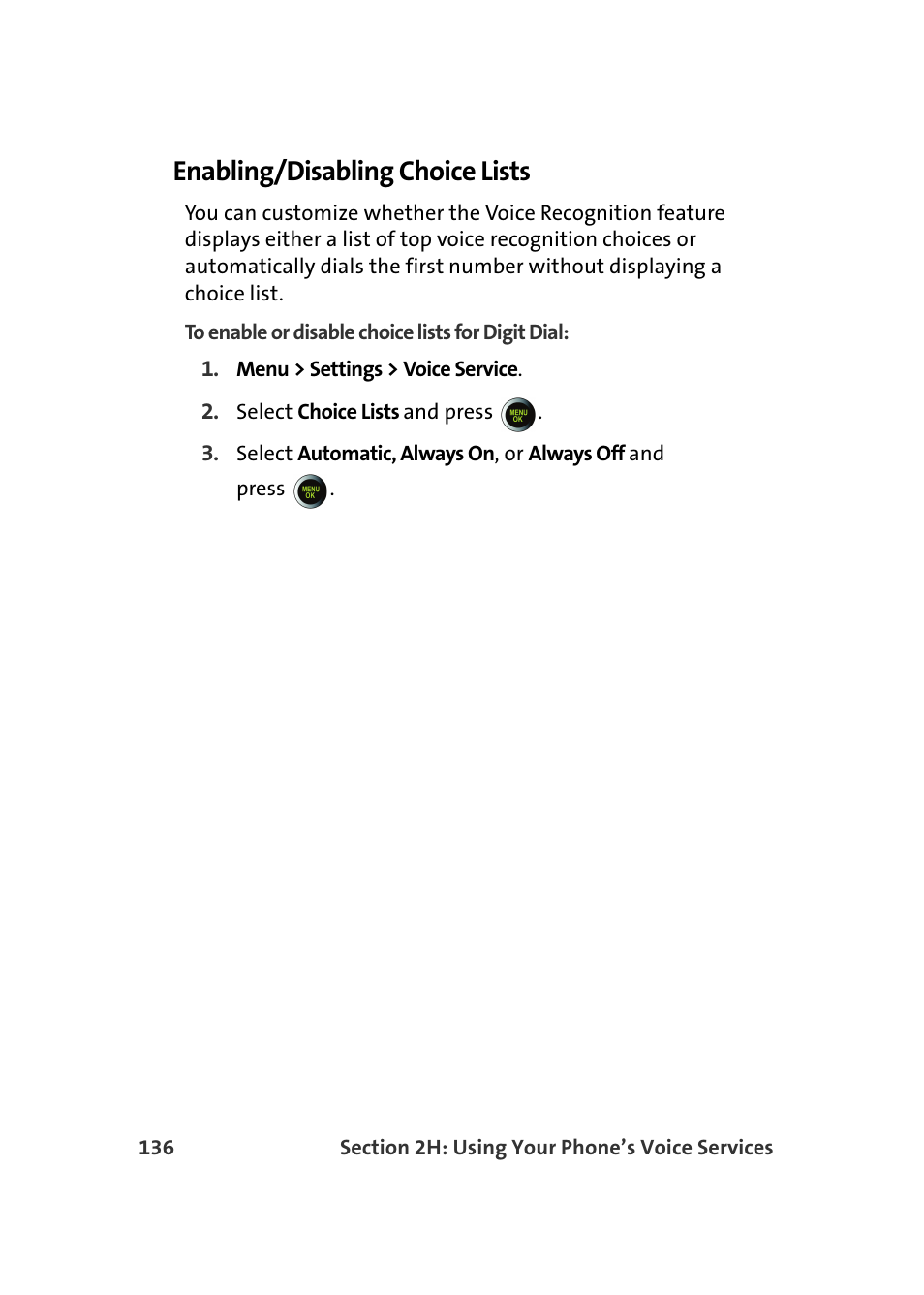 Enabling/disabling choice lists | Samsung SPH-M610DAASPR User Manual | Page 162 / 272