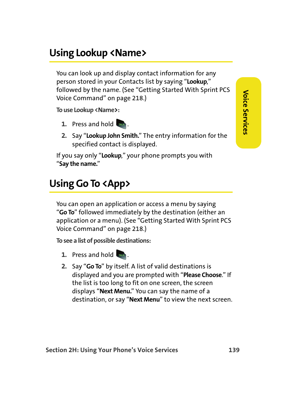 Using lookup <name, Using go to <app | Samsung SPH-M610DAASPR User Manual | Page 165 / 272