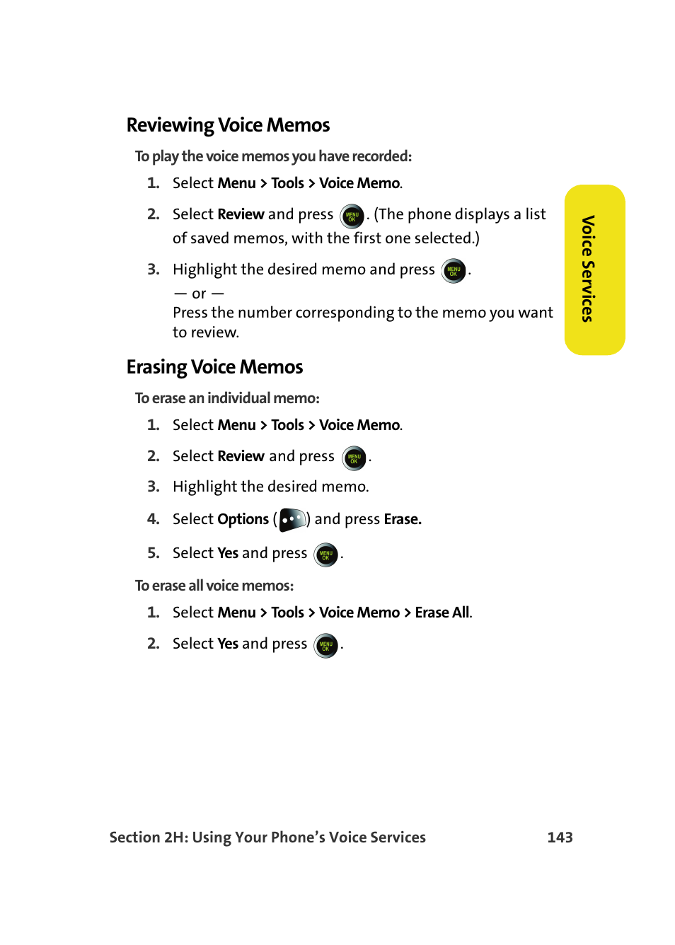 Reviewing voice memos, Erasing voice memos | Samsung SPH-M610DAASPR User Manual | Page 169 / 272