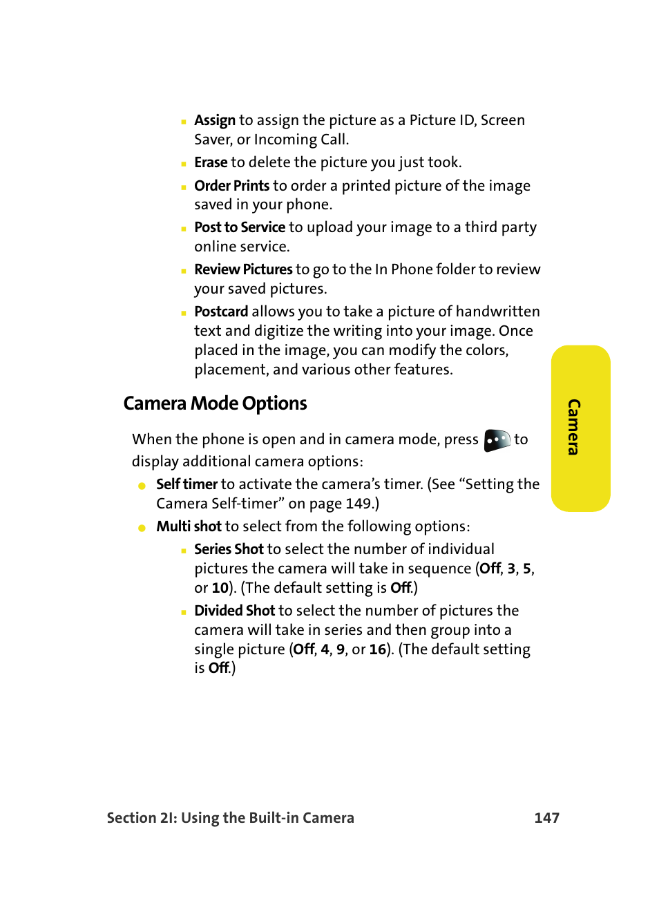 Camera mode options, Ca m e ra | Samsung SPH-M610DAASPR User Manual | Page 173 / 272