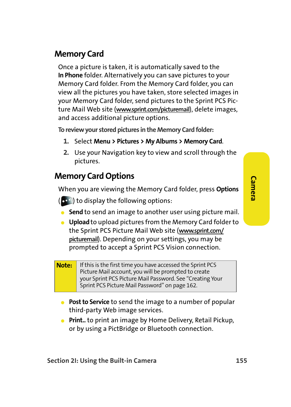 Memory card, Memory card options, Ca m e ra | Samsung SPH-M610DAASPR User Manual | Page 181 / 272