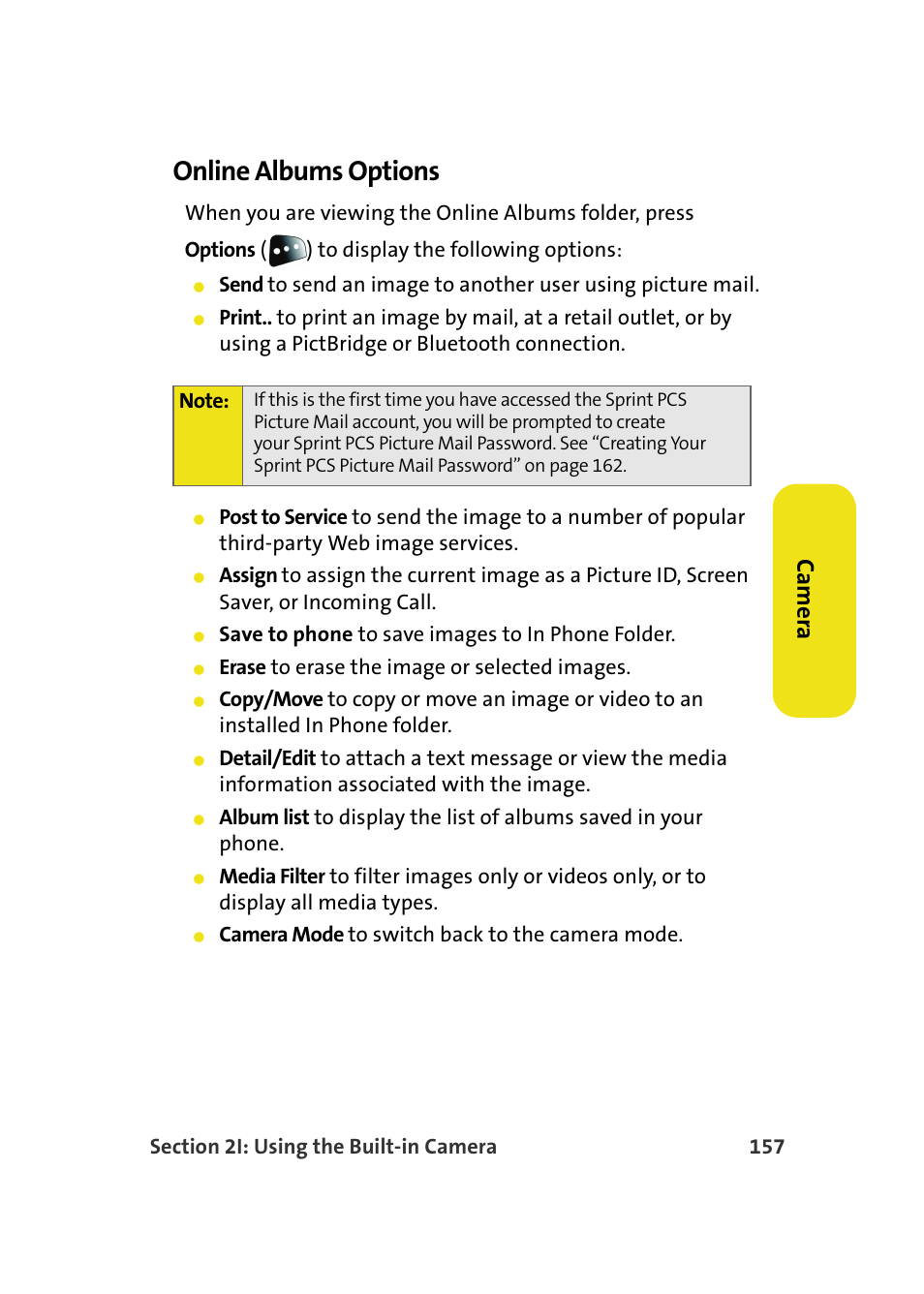 Online albums options, Ca m e ra | Samsung SPH-M610DAASPR User Manual | Page 183 / 272