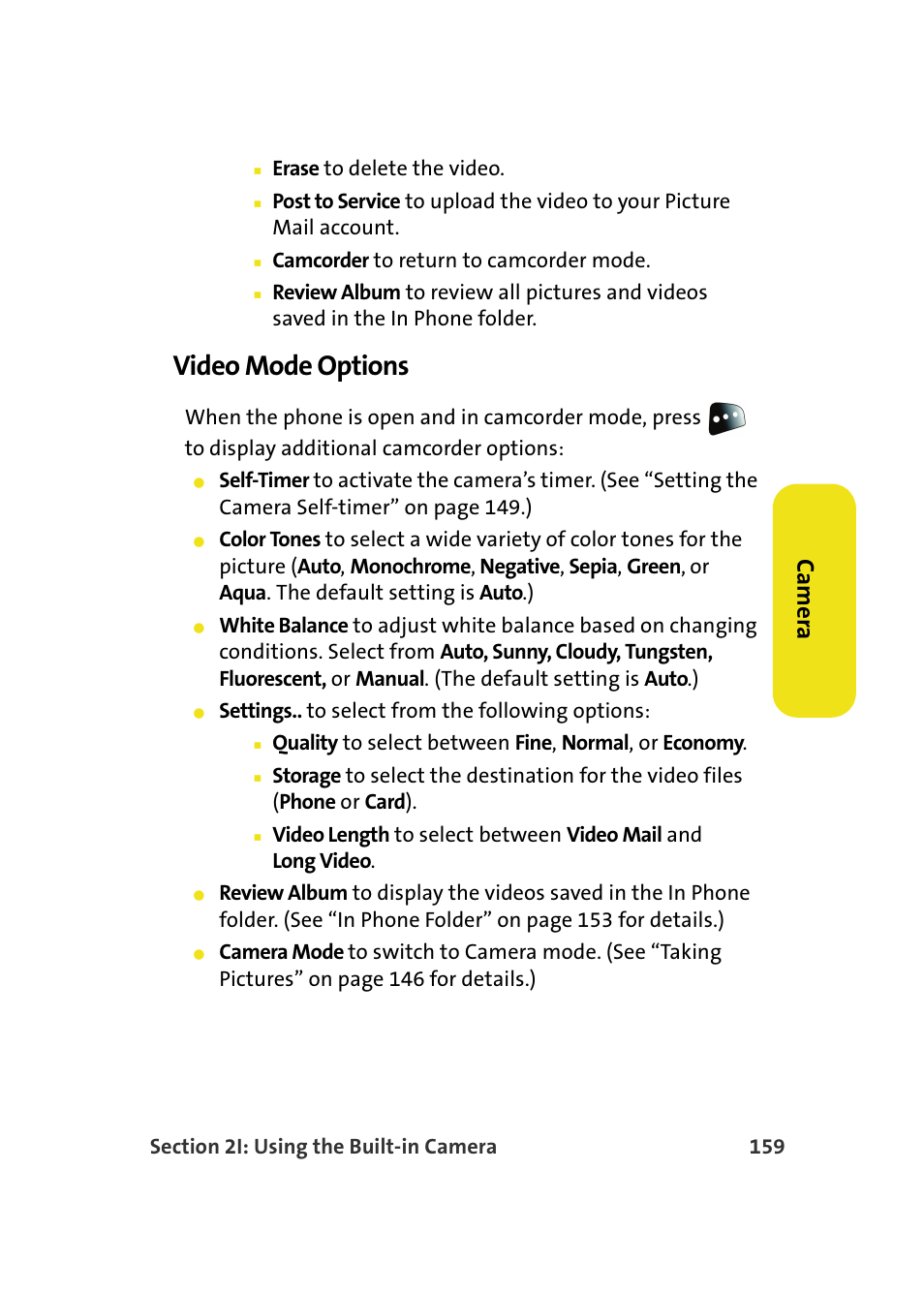 Video mode options, Ca m e ra | Samsung SPH-M610DAASPR User Manual | Page 185 / 272