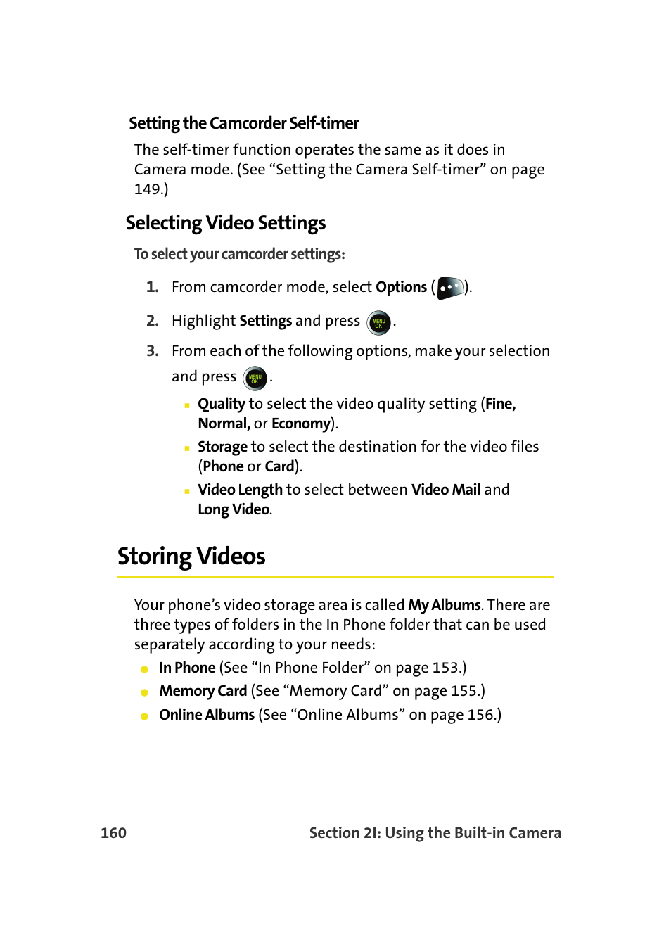 Setting the camcorder self-timer, Selecting video settings, Storing videos | Samsung SPH-M610DAASPR User Manual | Page 186 / 272