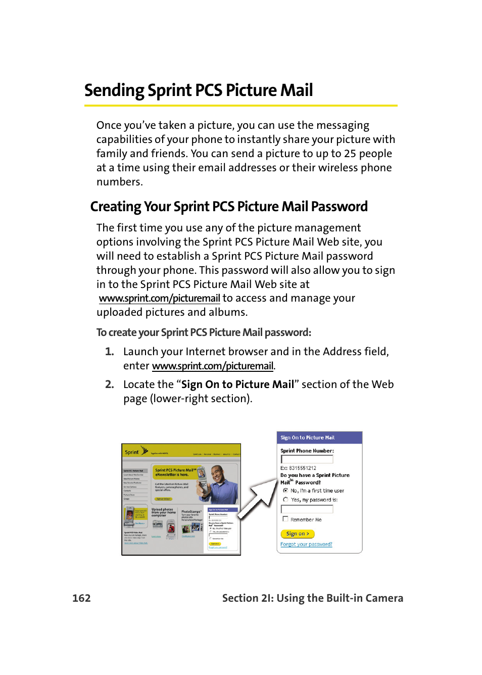 Sending sprint pcs picture mail, Creating your sprint pcs picture mail password | Samsung SPH-M610DAASPR User Manual | Page 188 / 272