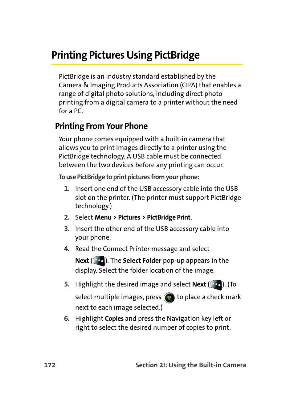 Printing pictures using pictbridge, Printing from your phone | Samsung SPH-M610DAASPR User Manual | Page 198 / 272