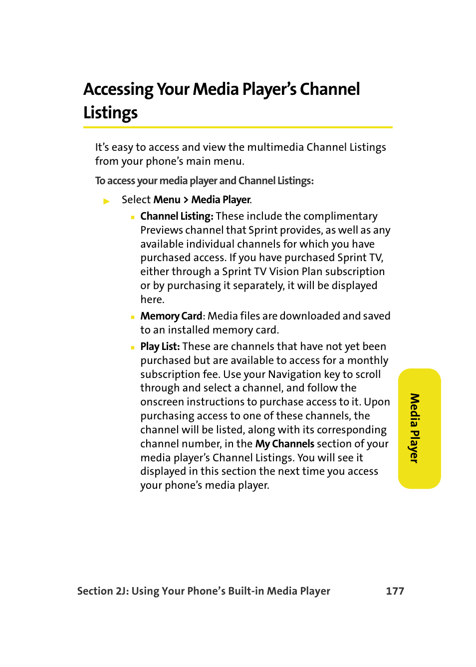 Accessing your media player’s channel listings, Med ia pla ye r | Samsung SPH-M610DAASPR User Manual | Page 203 / 272