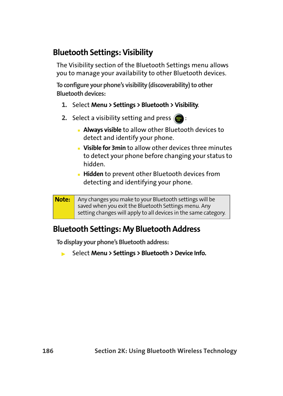 Bluetooth settings: visibility, Bluetooth settings: my bluetooth address | Samsung SPH-M610DAASPR User Manual | Page 212 / 272