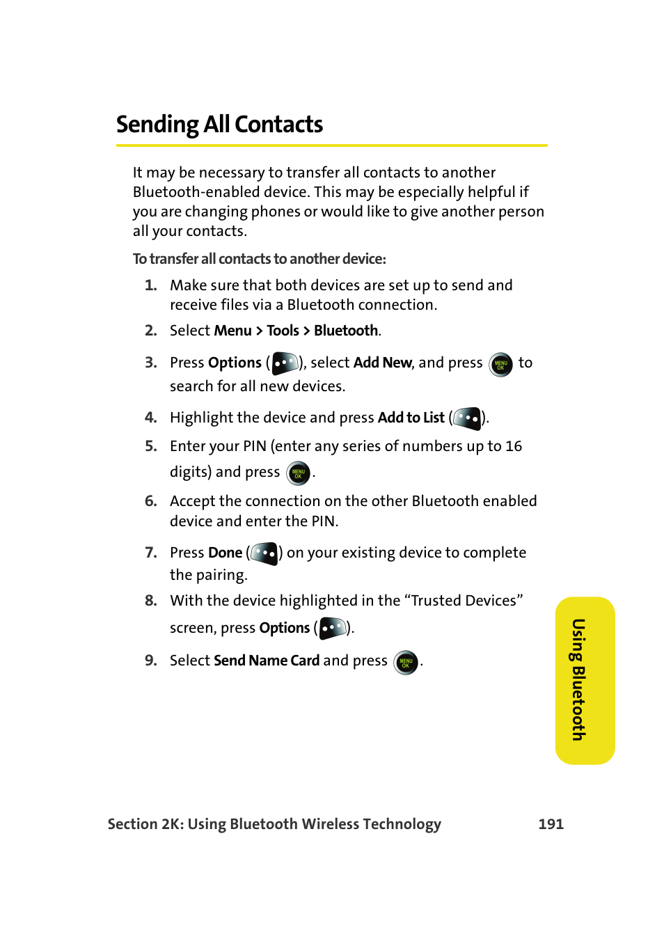 Sending all contacts | Samsung SPH-M610DAASPR User Manual | Page 217 / 272