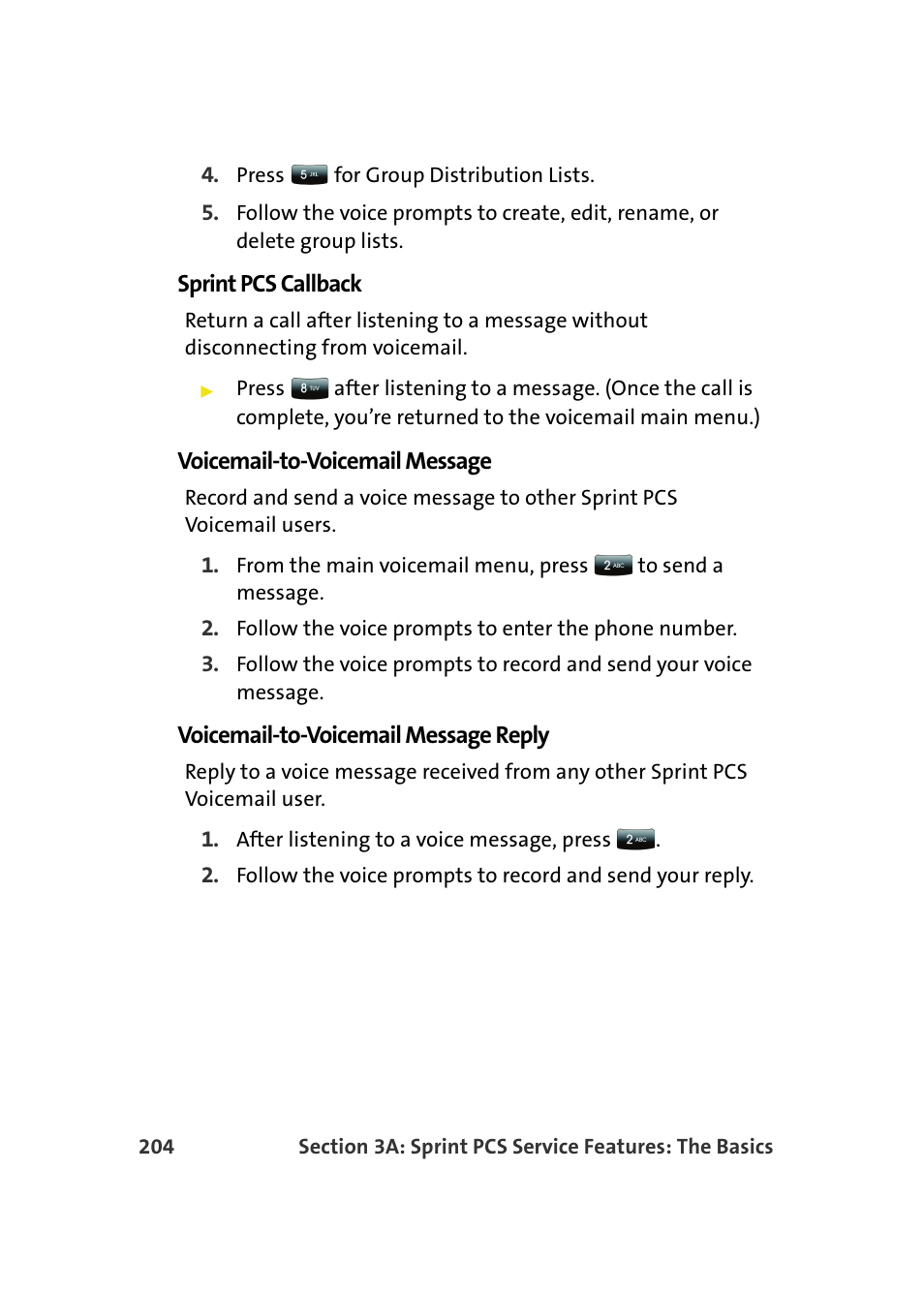 Sprint pcs callback, Voicemail-to-voicemail message, Voicemail-to-voicemail message reply | Samsung SPH-M610DAASPR User Manual | Page 230 / 272