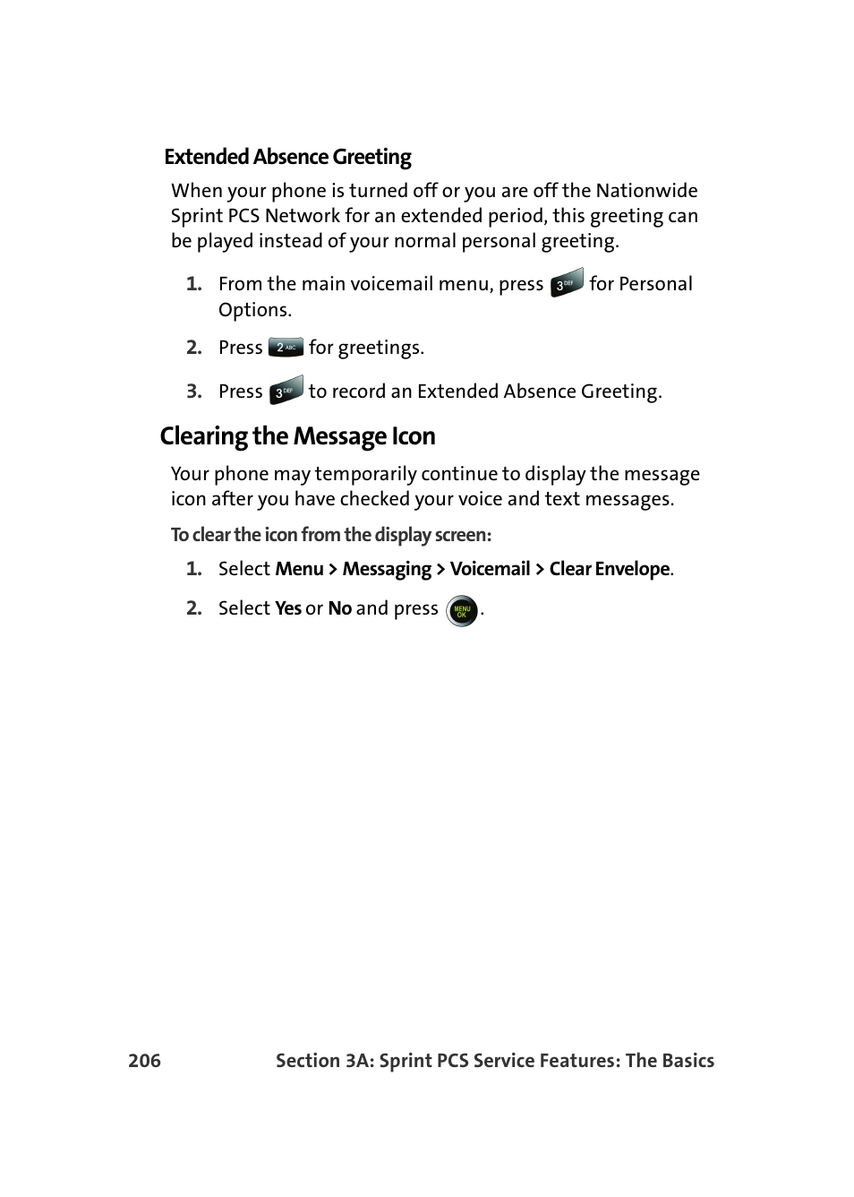Extended absence greeting, Clearing the message icon | Samsung SPH-M610DAASPR User Manual | Page 232 / 272