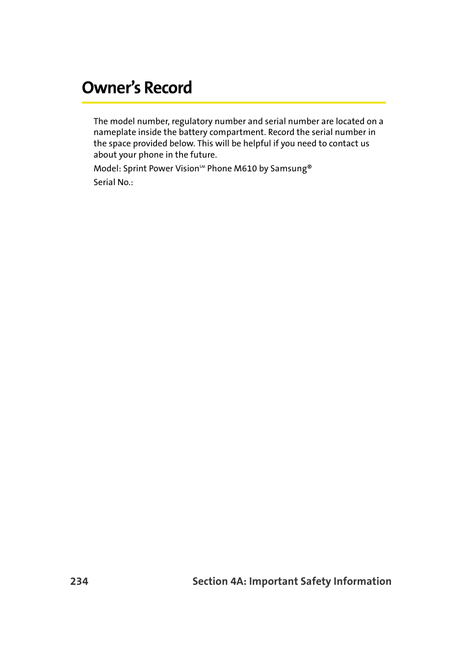 Owner’s record | Samsung SPH-M610DAASPR User Manual | Page 260 / 272