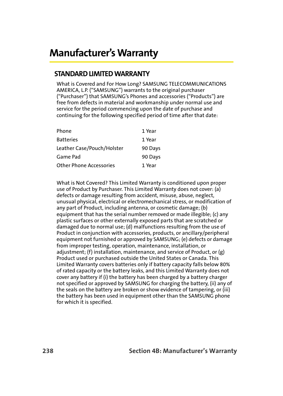 Manufacturer’s warranty, Standard limited warranty | Samsung SPH-M610DAASPR User Manual | Page 264 / 272