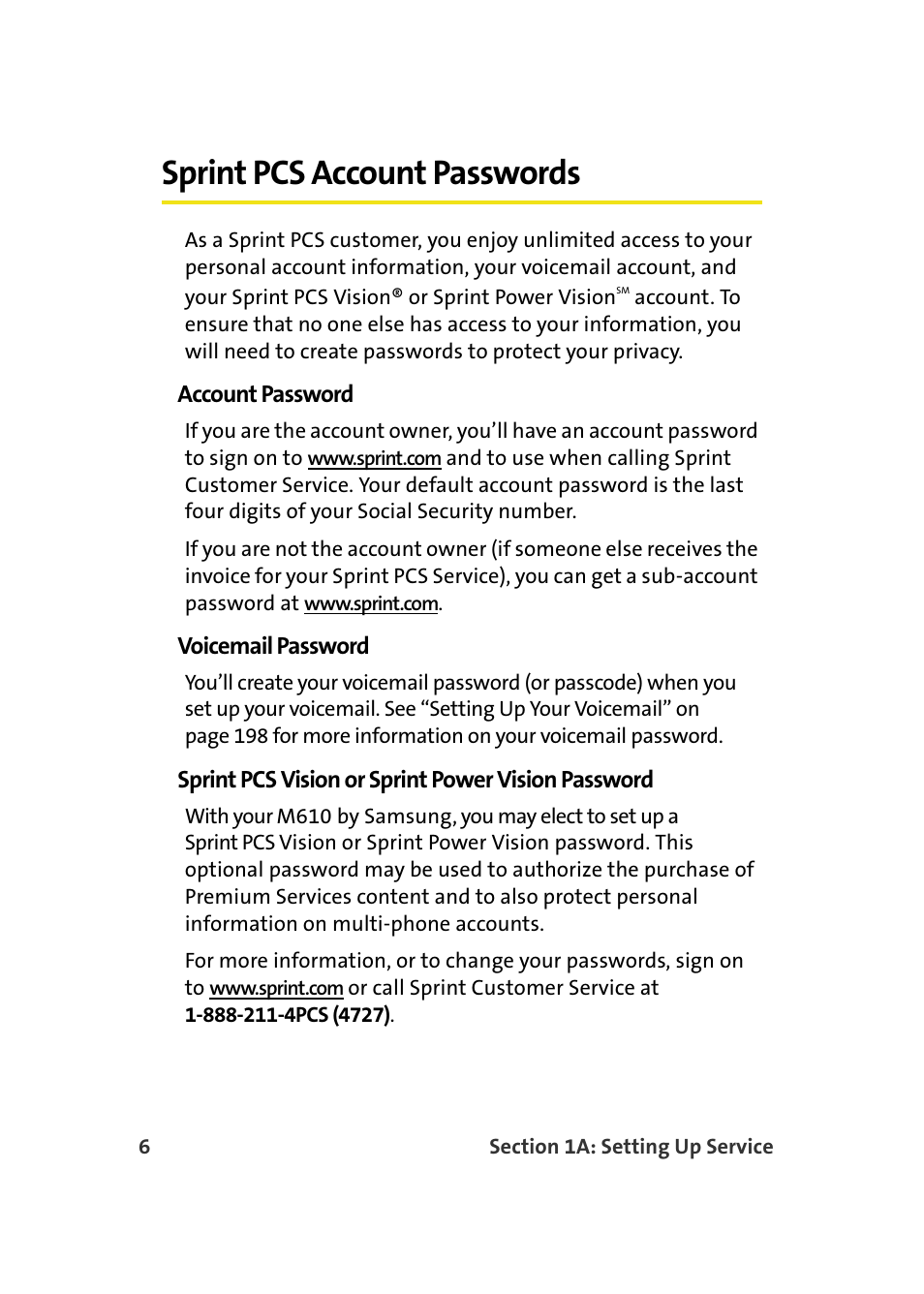 Sprint pcs account passwords, Account password, Voicemail password | Sprint pcs vision or sprint power vision password | Samsung SPH-M610DAASPR User Manual | Page 32 / 272