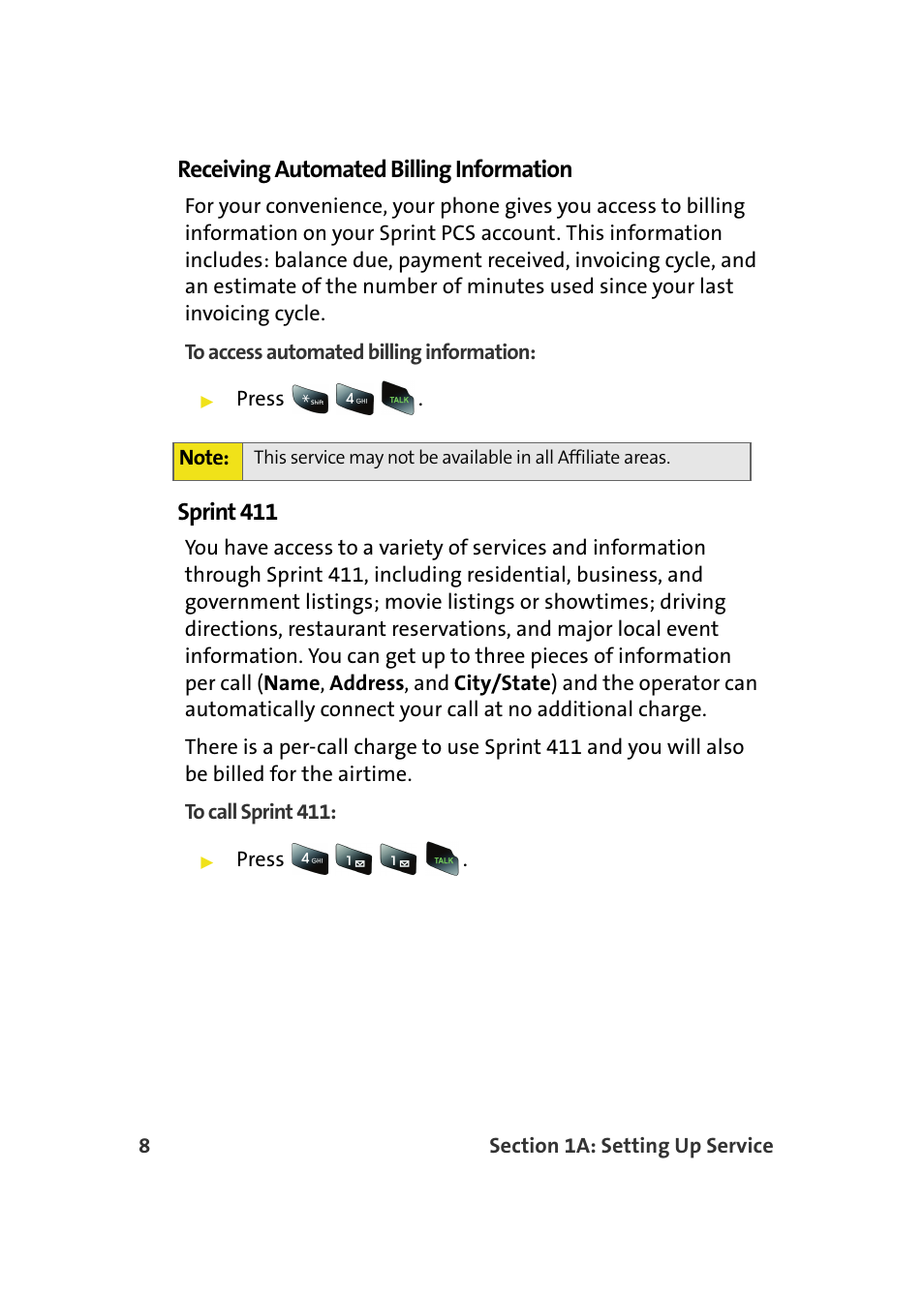 Receiving automated billing information, Sprint 411 | Samsung SPH-M610DAASPR User Manual | Page 34 / 272