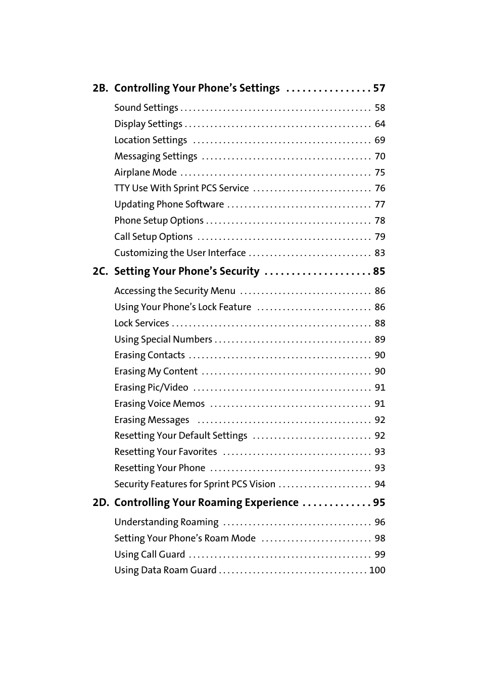 2b. controlling your phone’s settings 57, 2c. setting your phone’s security 85, 2d. controlling your roaming experience 95 | Samsung SPH-M610DAASPR User Manual | Page 4 / 272