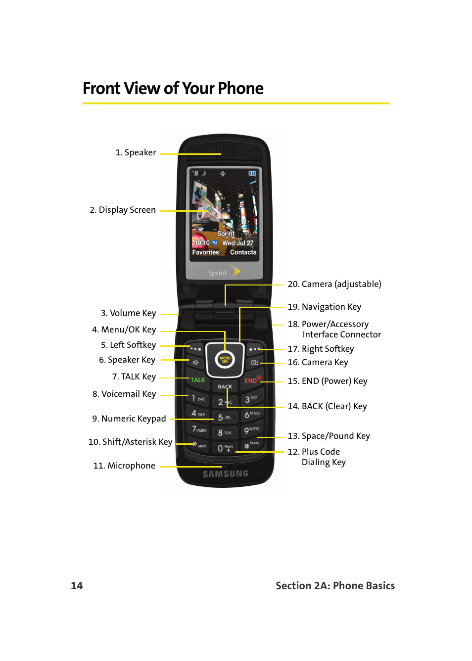 Front view of your phone | Samsung SPH-M610DAASPR User Manual | Page 40 / 272