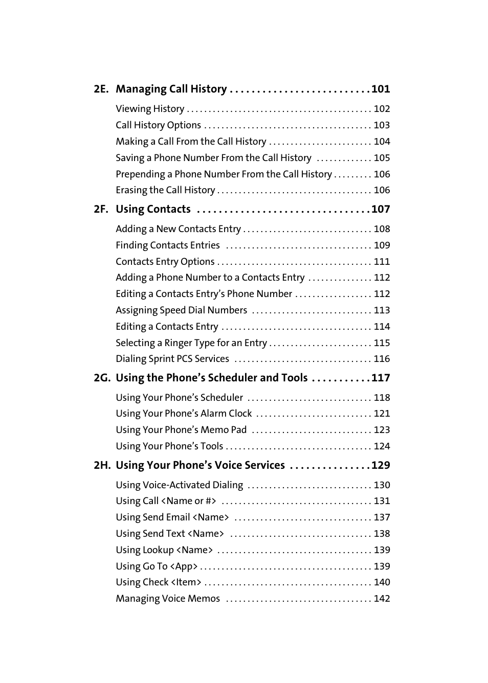 2e. managing call history 101, 2f. using contacts 107, 2g. using the phone’s scheduler and tools 117 | 2h. using your phone’s voice services 129 | Samsung SPH-M610DAASPR User Manual | Page 5 / 272