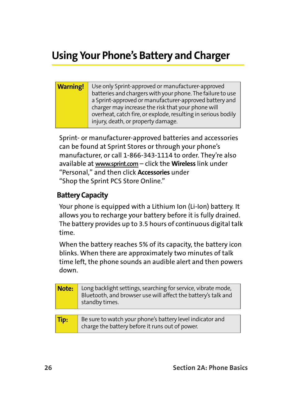 Using your phone’s battery and charger, Battery capacity | Samsung SPH-M610DAASPR User Manual | Page 52 / 272