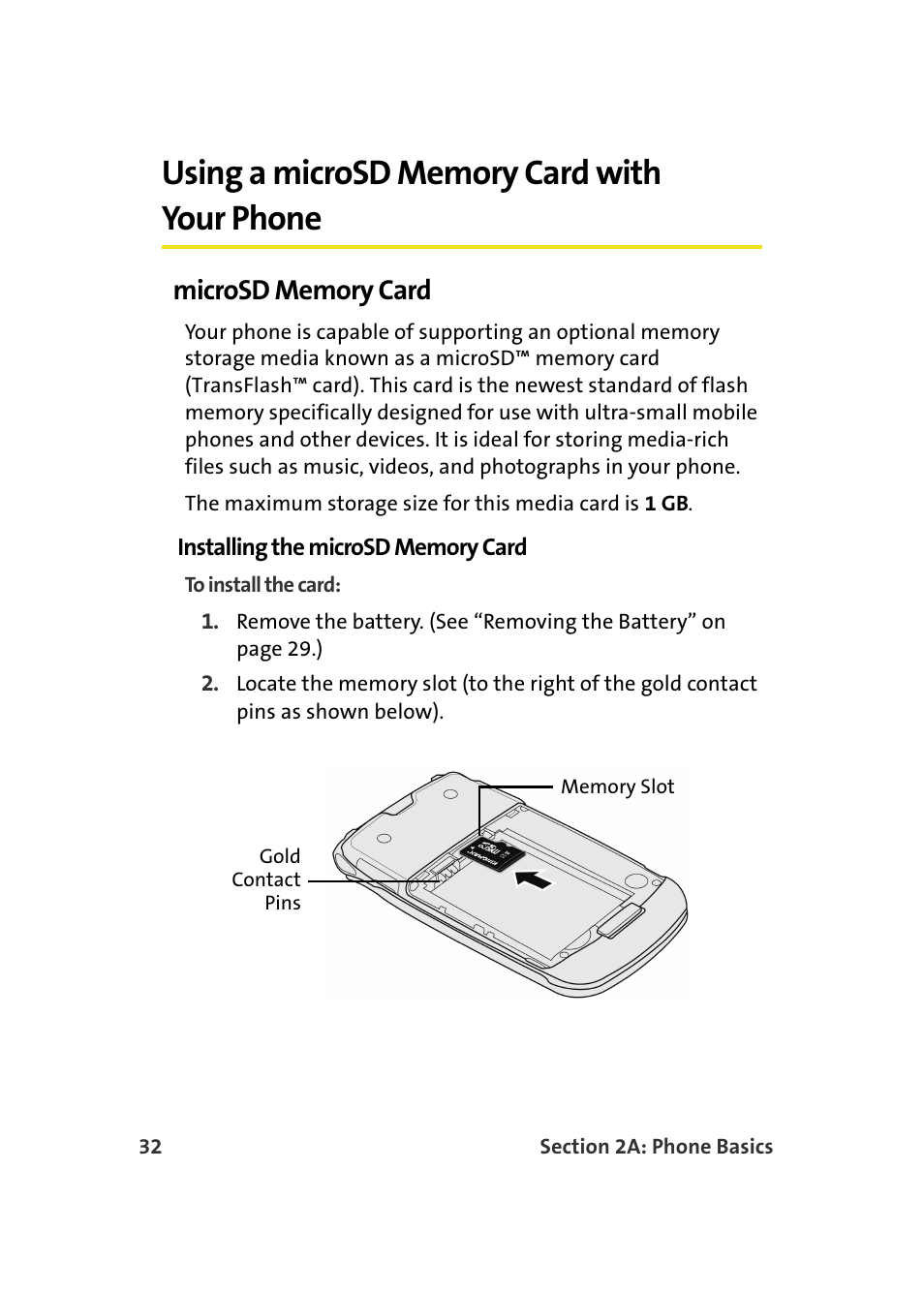 Using a microsd memory card with your phone, Microsd memory card, Installing the microsd memory card | Samsung SPH-M610DAASPR User Manual | Page 58 / 272