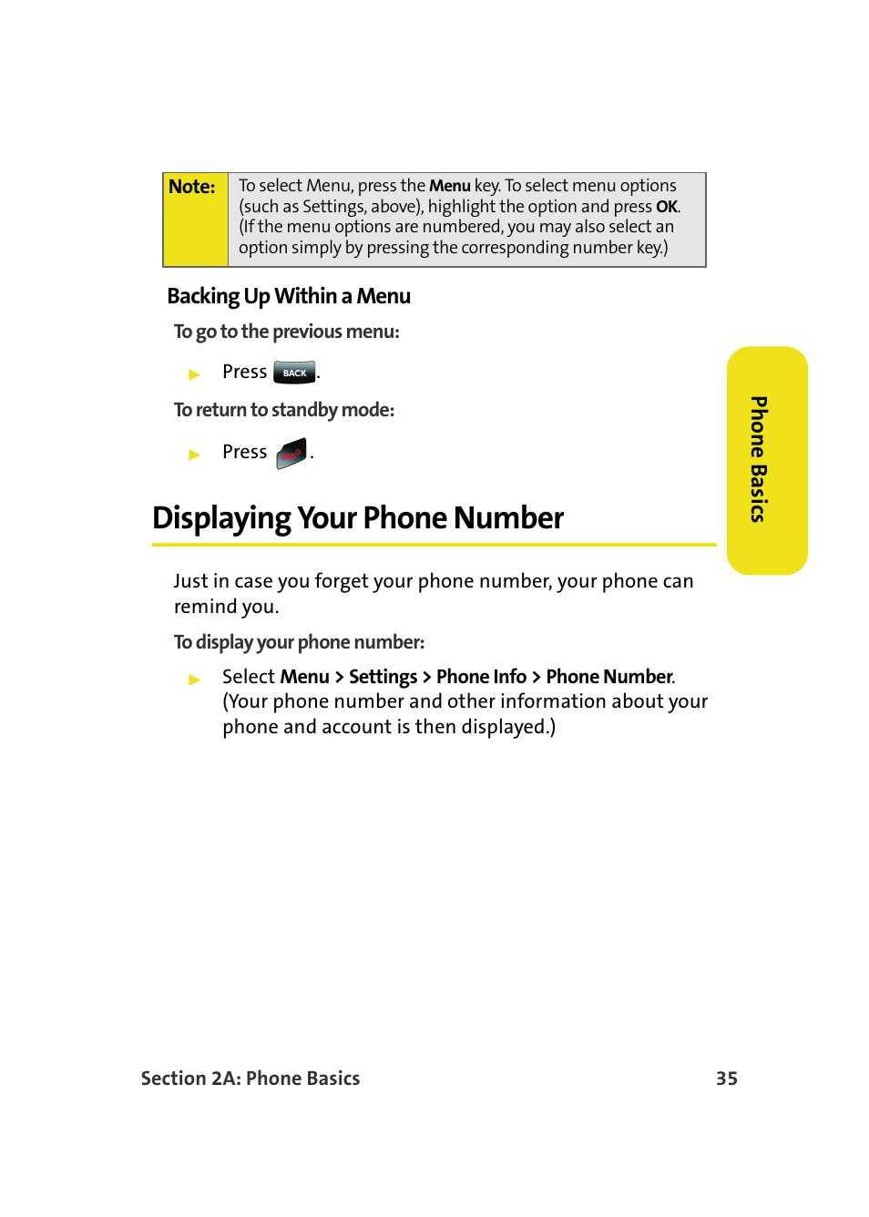 Backing up within a menu, Displaying your phone number, Phone basics backing up within a menu | Samsung SPH-M610DAASPR User Manual | Page 61 / 272