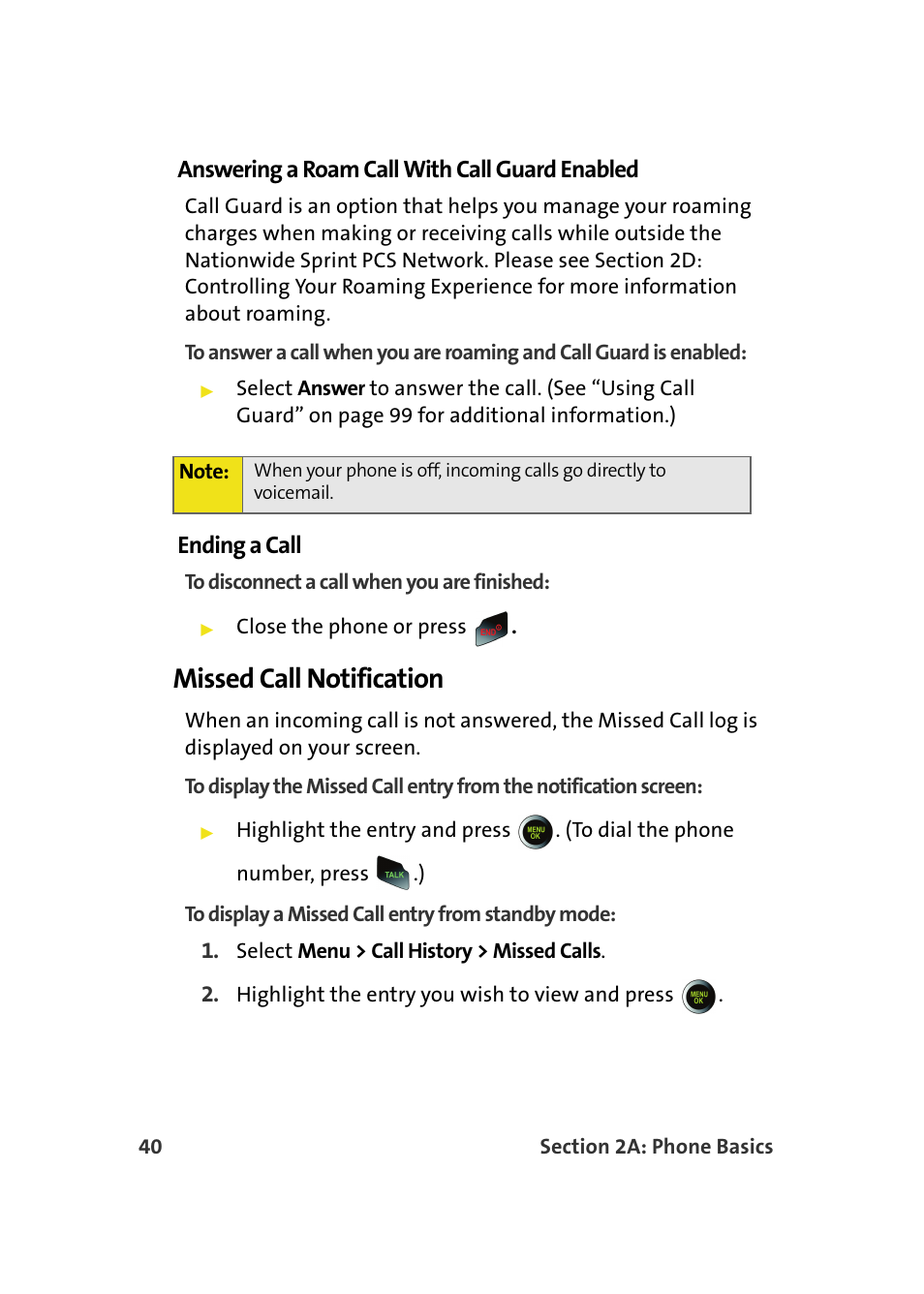 Answering a roam call with call guard enabled, Ending a call, Missed call notification | Samsung SPH-M610DAASPR User Manual | Page 66 / 272