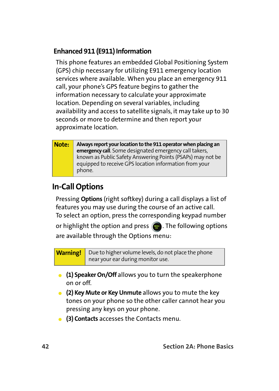 Enhanced 911 (e911) information, In-call options | Samsung SPH-M610DAASPR User Manual | Page 68 / 272
