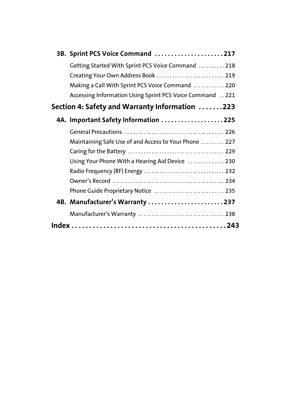 3b. sprint pcs voice command 217, Section 4: safety and warranty information 223, 4a. important safety information 225 | 4b. manufacturer’s warranty 237, Index | Samsung SPH-M610DAASPR User Manual | Page 7 / 272